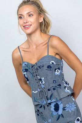 Floral Embroidered Corset Tank with Lace-Up Front - 0