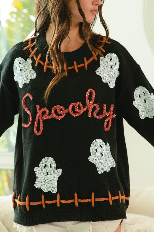 Spooky Sequin Ghost Oversized Halloween Sweater