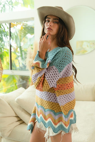 Wavy Striped Crochet Oversized Sweater Top