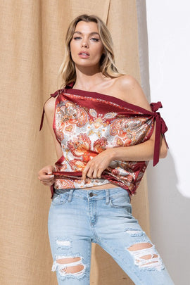 Buy red Satin Print Mandala Ribbon Tie Tank