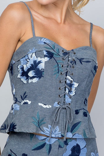 Floral Embroidered Corset Tank with Lace-Up Front