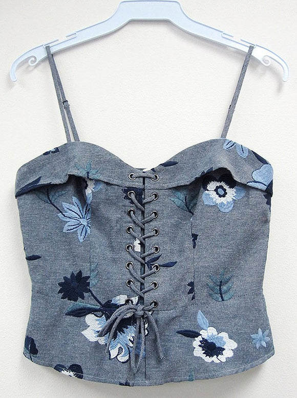 Floral Embroidered Corset Tank with Lace-Up Front