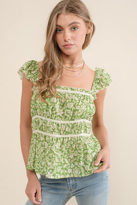 Buy lime Printed Lace Trim Top