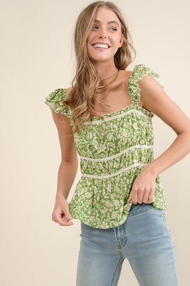 Printed Lace Trim Top