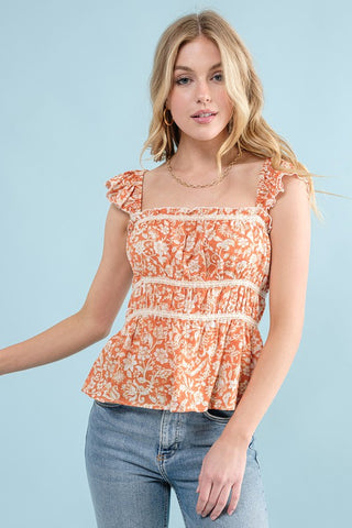 Buy tangerine Printed Lace Trim Top
