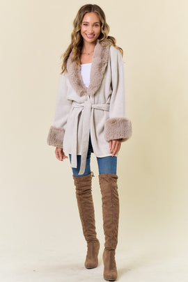 Faux Fur Trimmed Hood and Sleeve Jacket - 0