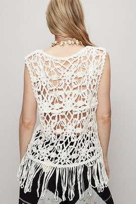 Sleeveless Crochet Fringe Top – Round Neck - 0