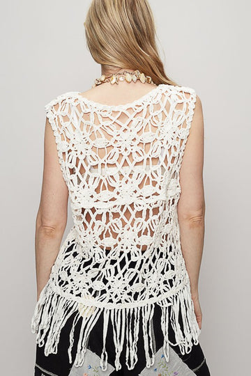 Sleeveless Crochet Fringe Top – Round Neck - 0