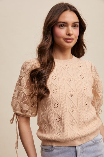 Crochet Sleeve Sweater Top with Puff Sleeves - 0