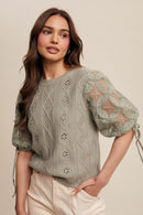 Crochet Sleeve Sweater Top with Puff Sleeves-6
