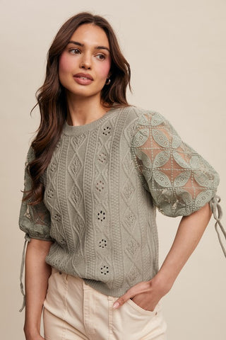 Buy sage Crochet sleeve pointelle cable knit sweater top