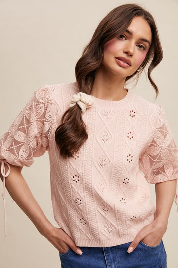 Crochet Sleeve Sweater Top with Puff Sleeves