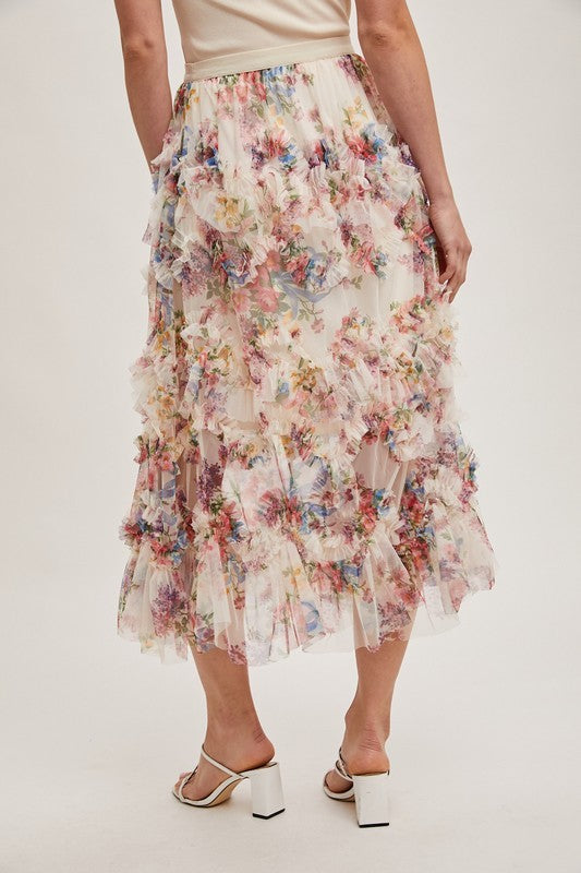 Floral Ruffled Mesh Midi Skirt with Lining