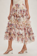 Floral Ruffled Mesh Midi Skirt with Lining
