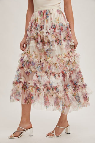 Floral Ruffled Mesh Midi Skirt with Lining