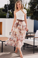 Floral Ruffled Mesh Midi Skirt with Lining