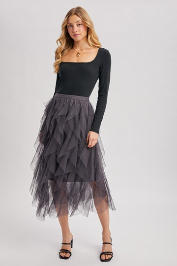 Spiral Ruffled Tulle Midi Skirt