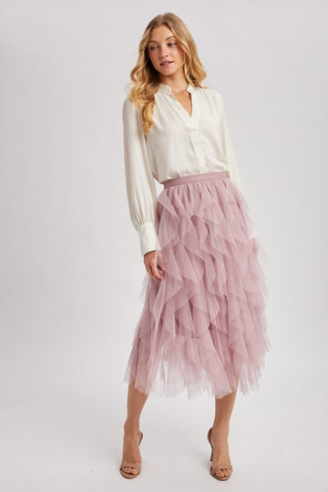 Spiral Ruffled Tulle Midi Skirt - 0