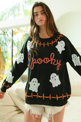 Spooky Sequin Ghost Oversized Halloween Sweater