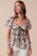 Floral Babydoll Corset Blouse with Puff Sleeves-2