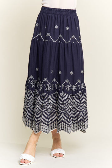 Embroidered Tiered Midi Skirt