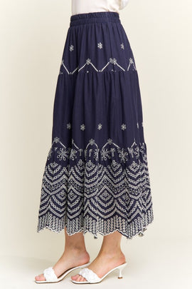 Embroidered Tiered Midi Skirt - 0