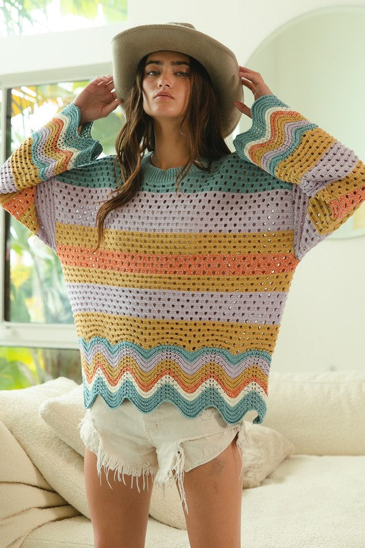 Wavy Striped Crochet Oversized Sweater Top