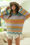 Wavy Striped Crochet Oversized Sweater Top