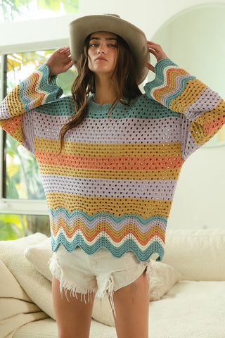 Wavy Striped Crochet Oversized Sweater Top