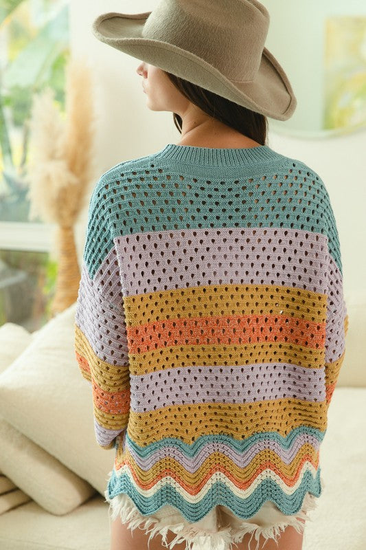 Wavy Striped Crochet Oversized Sweater Top