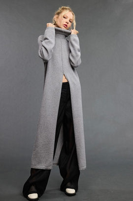 Buy gray Turtleneck Tunic Sweater Dress with Front Slit
