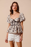 Floral Babydoll Corset Blouse with Puff Sleeves-3