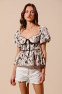 Floral Babydoll Corset Blouse with Puff Sleeves