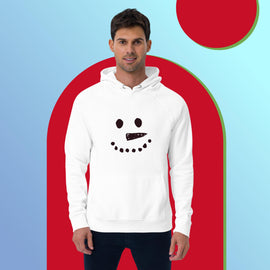 Unisex white hoodie with a bold, minimalist snowman face graphic on the front, modeled by a person standing against a white background.