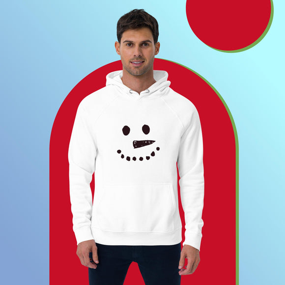 Unisex white hoodie with a bold, minimalist snowman face graphic on the front, modeled by a person standing against a white background.