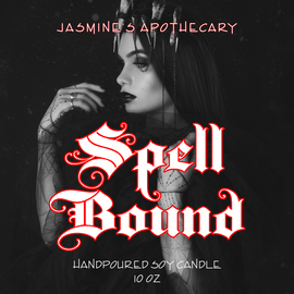 Black and white gothic artwork featuring woman in crown, Spellbound Candle branding