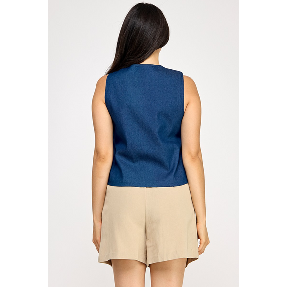 Navy Tie-Up Vest with Embroidered Floral Detail