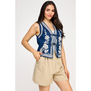 Navy Tie-Up Vest with Embroidered Floral Detail-2