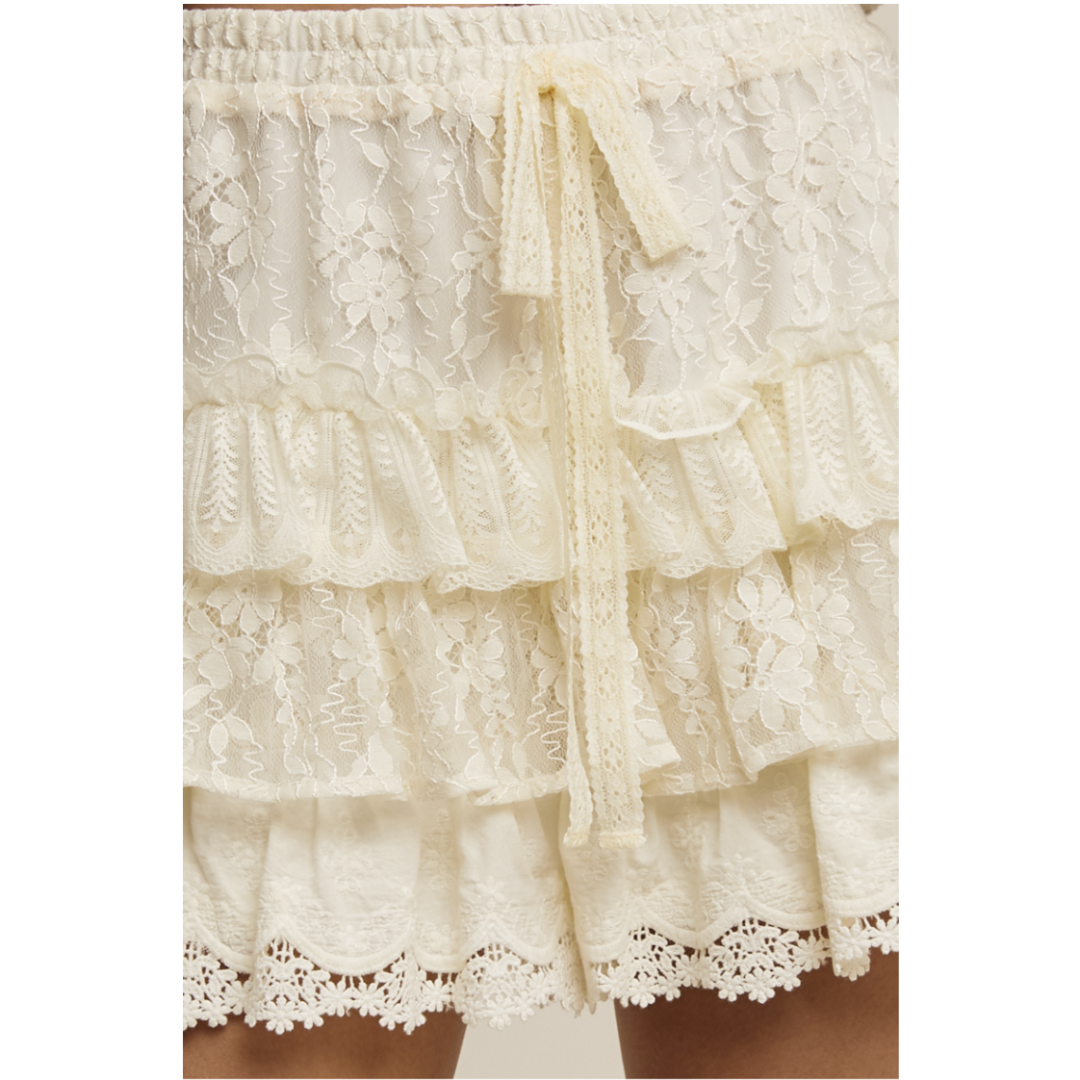 Black Lace Tiered Ruffle Shorts with Scalloped Hem
