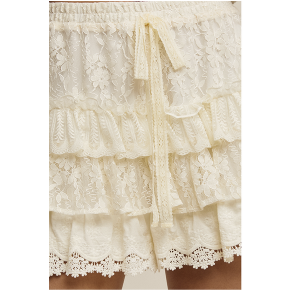 Black Lace Tiered Ruffle Shorts with Scalloped Hem