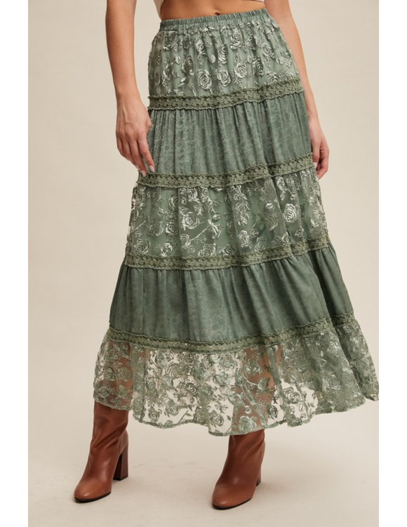 Floral Embroidered Tiered Maxi Skirt with Scalloped Hem