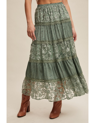 Buy sage Floral Embroidered Tiered Maxi Skirt