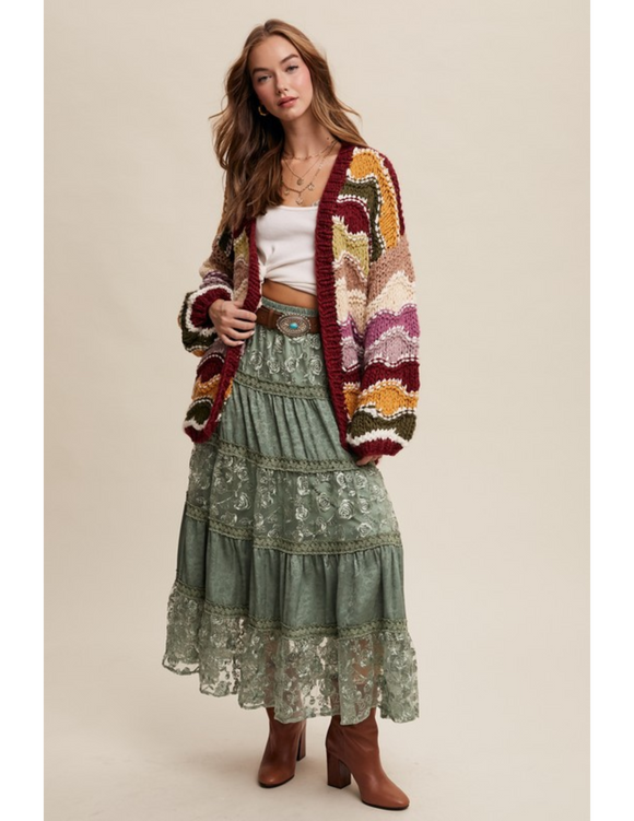 Floral Embroidered Tiered Maxi Skirt with Scalloped Hem