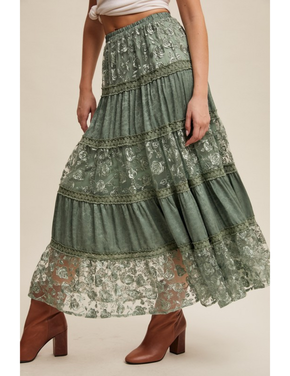 Floral Embroidered Tiered Maxi Skirt with Scalloped Hem