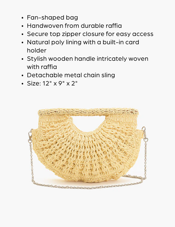 Handwoven Raffia Fan-Shaped Bag with Wooden Handle