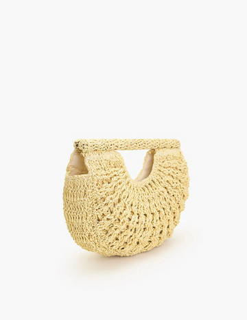 Handwoven Raffia Fan-Shaped Bag with Wooden Handle