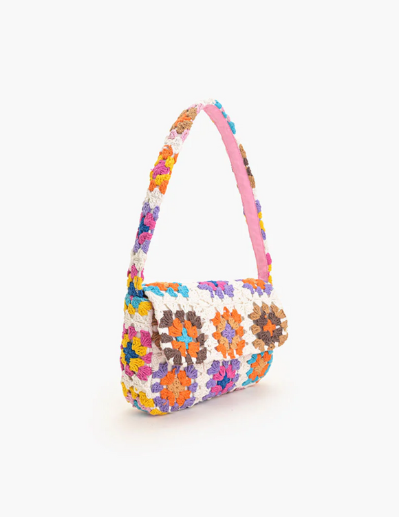 Pastel Crochet Shoulder Bag with Magnetic Flap Closure