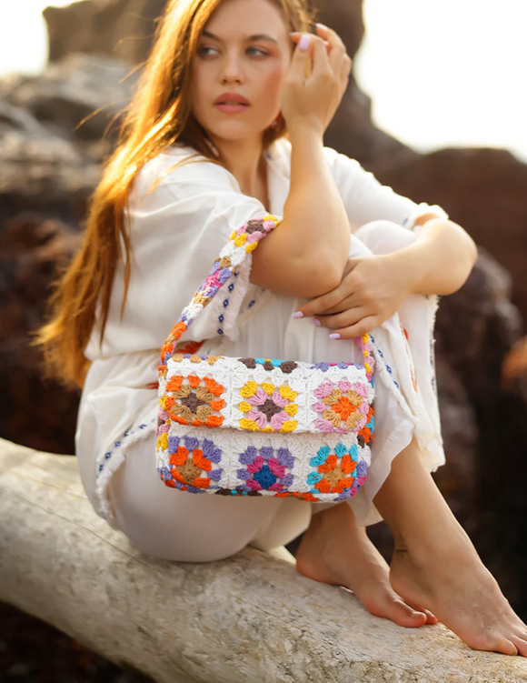 Pastel Crochet Shoulder Bag with Magnetic Flap Closure