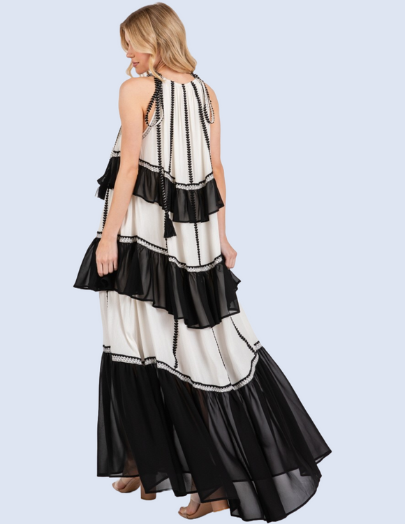Black & White Color Block Maxi Dress with Ruffle Tiers
