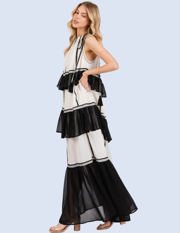 Black & White Color Block Maxi Dress with Ruffle Tiers